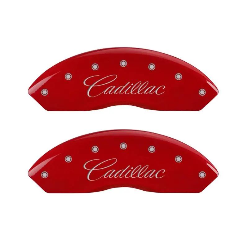 Mgp 4 Caliper Covers Engraved Front Cursive/Cadillac Engraved Rear Srx Red Finish Silver Ch 1