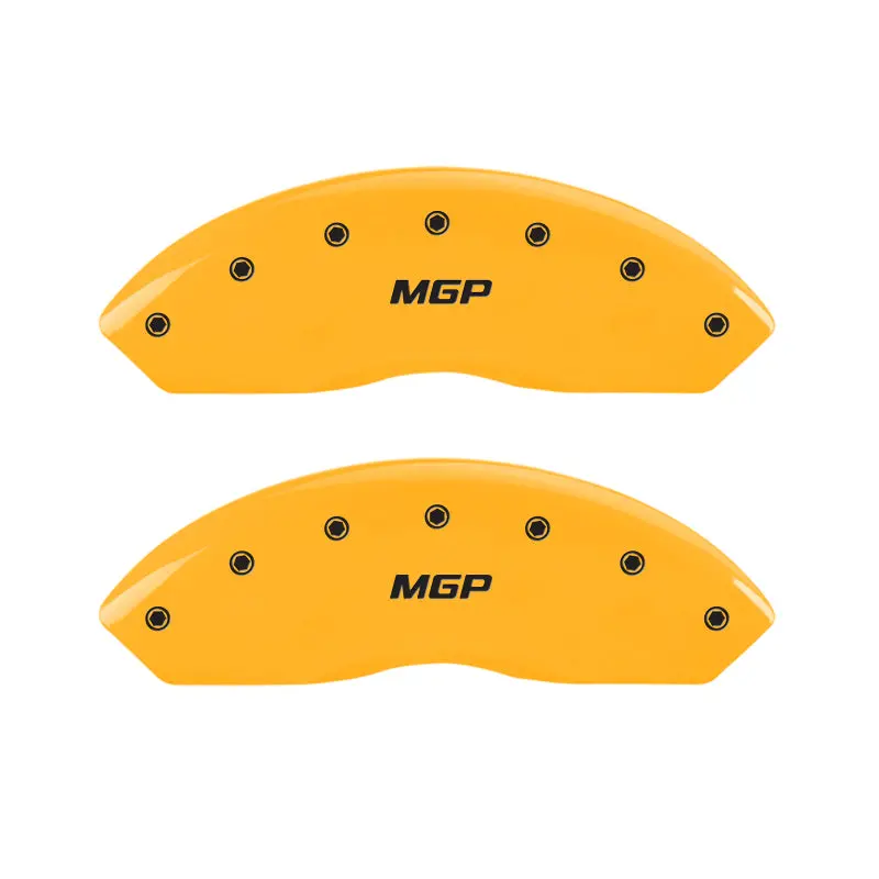 Mgp Engraved 4-Piston Caliper Covers – Front & Rear, Yellow Finish With Black Chrome Accents 1