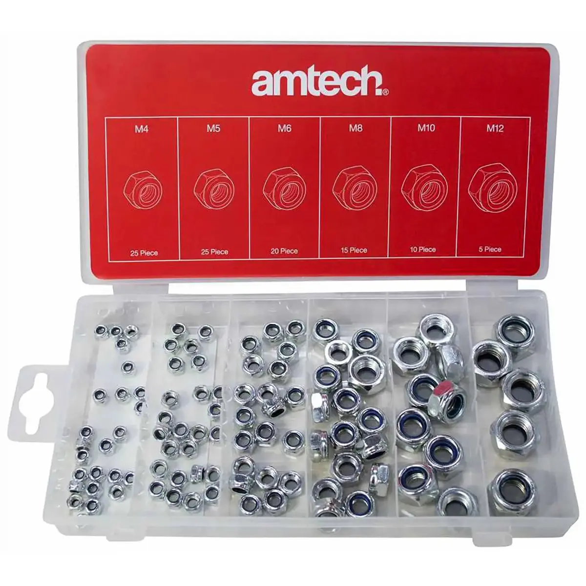 Amtech 100 Piece Locking Nut Assortment M4-M12 Nylon Insert 1