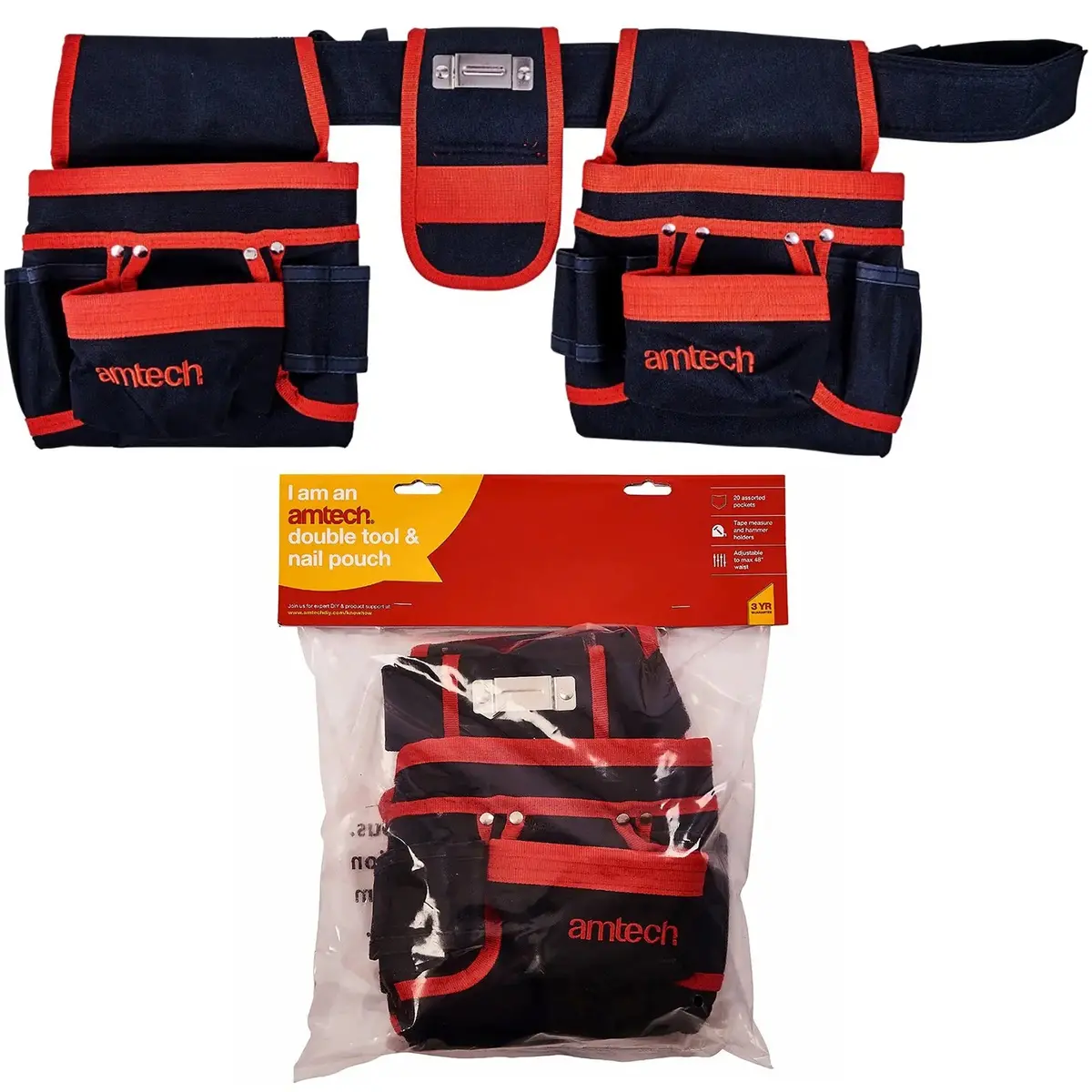 Amtech 20 Pocket Double Tool Belt Nail Pouch Hammer Loop 1