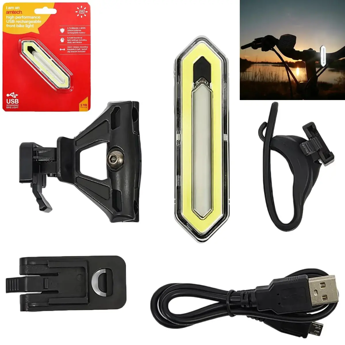Amtech Bike Light Front White High Performance Usb Rechargeable 8 Settings 240 Lumens 1
