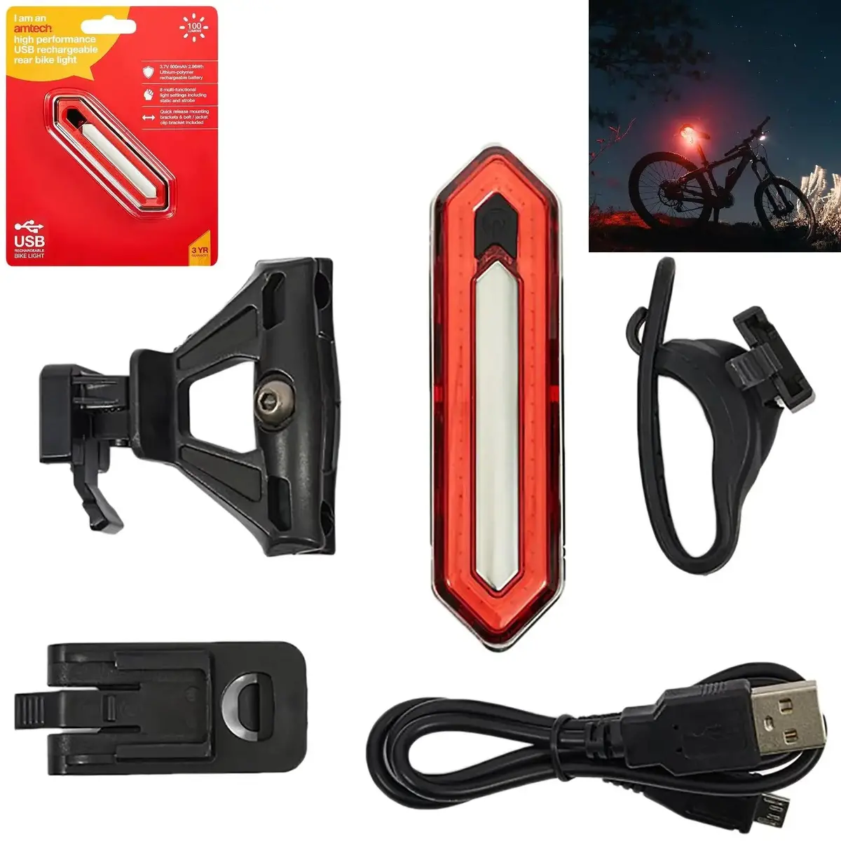 Amtech Bike Light Rear Red High Performance Usb Rechargeable 8 Settings 100 Lumens 1