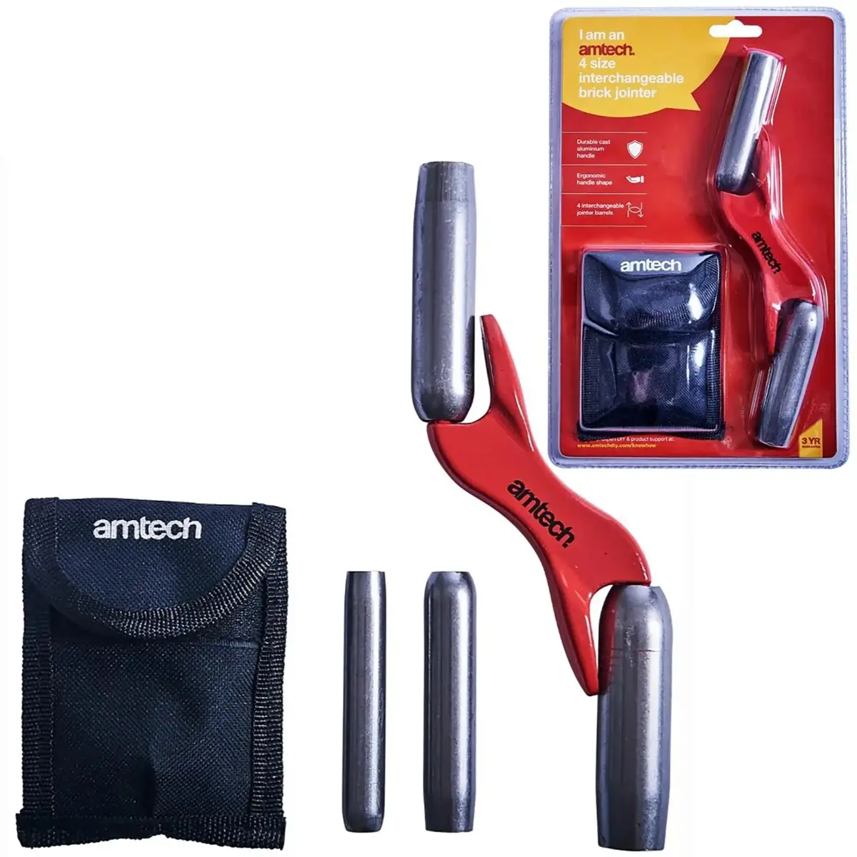 Amtech Brick Jointer Interchangeable Barrel 4 Size 1/2" 5/8" 3/4" 7/8" Pouch 1