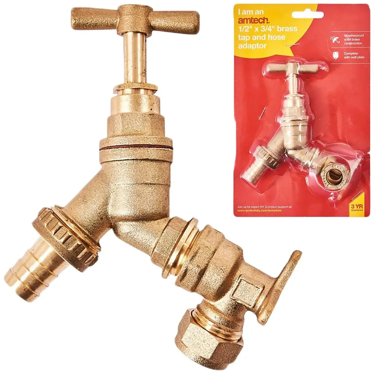 Amtech Outside Brass Tap And Hose Adaptor 1/2" X 3/4 1