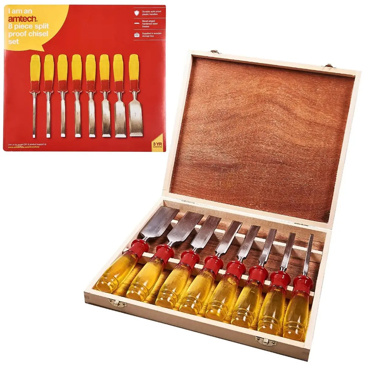 Amtech Wood Chisel Set Split Proof Wooden Box Bevel Edges Hardened Blades 1