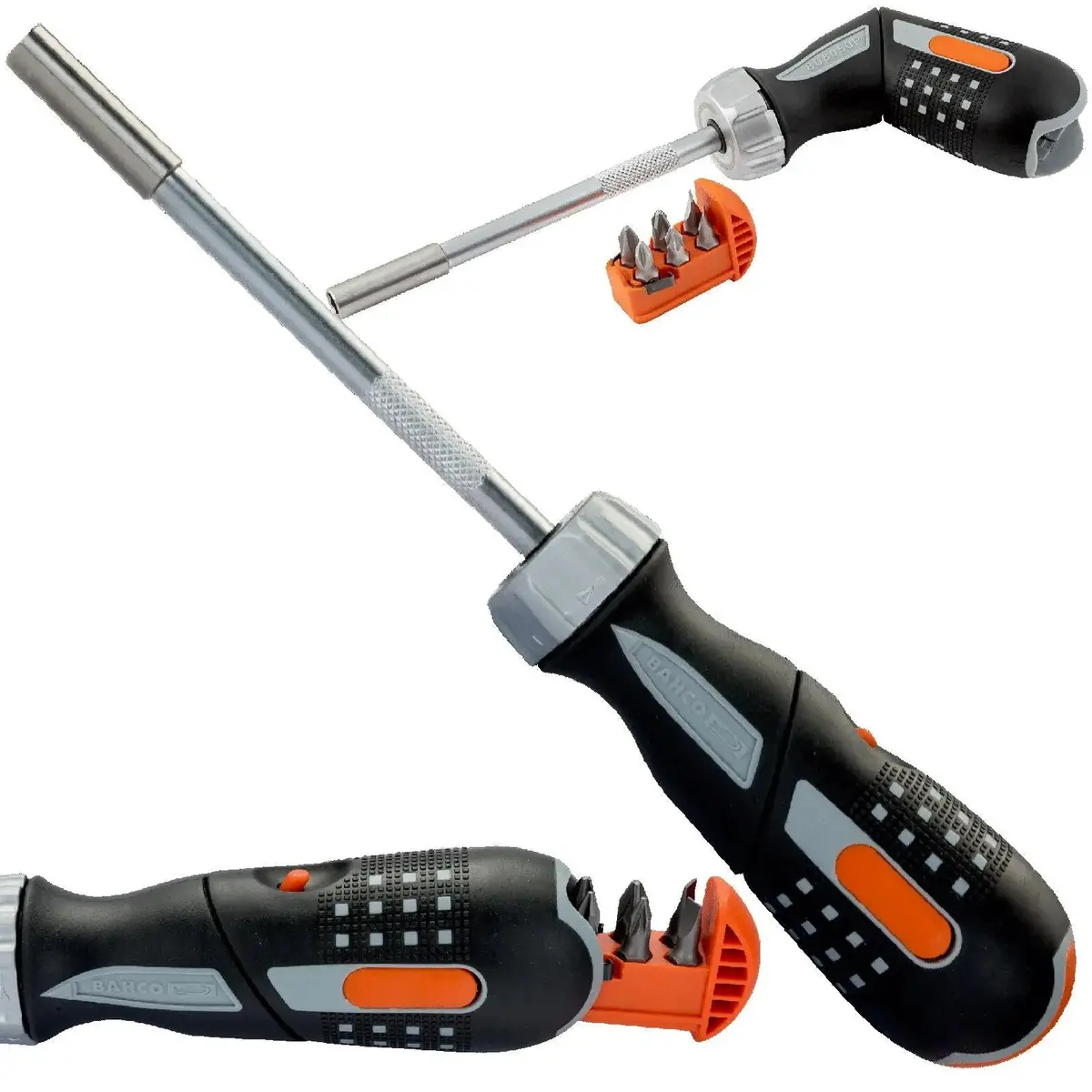 Bahco Ratchet Screwdriver Pistol Grip With 1/4" Hex Bits Phillips Slotted 1