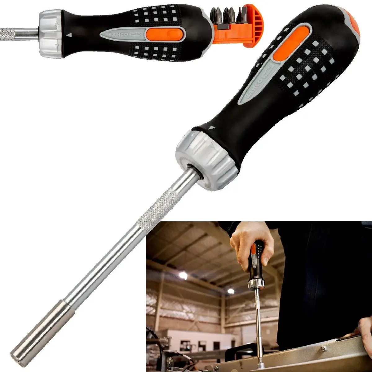 Bahco Ratchet Screwdriver With 1/4" Hex Bits Phillips Pozi Slotted 1