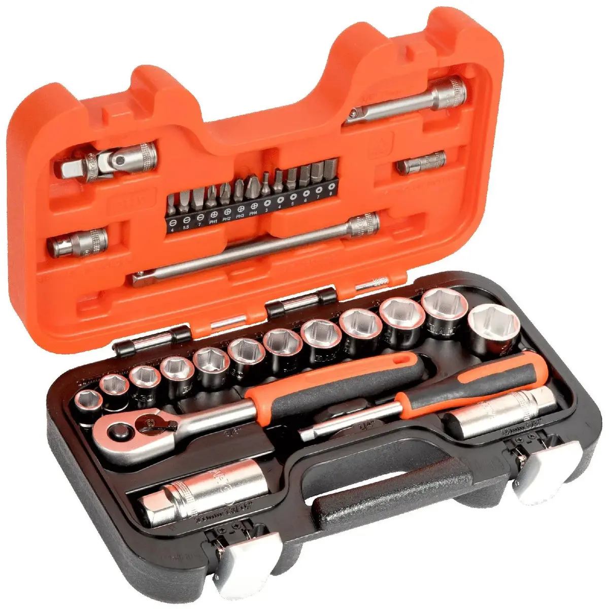 Bahco Socket Screwdriver Bit Set 3/8" Ratchet Handle 1/4" Hex Slotted Phillips Metric 34 Piece 1