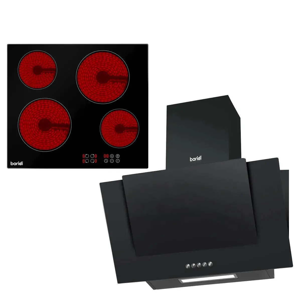 Baridi 4 Zone Ceramic Hob & 60Cm Angled Chimney Cooker Hood 1