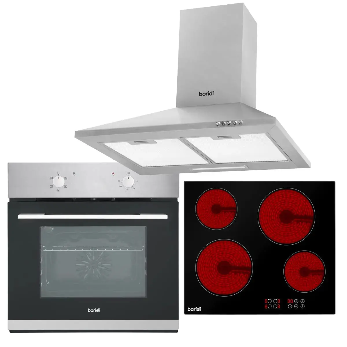 Baridi 4 Zone Ceramic Hob, 5 Function Fan-Assisted Oven & Chimney Style Cooker Hood 1