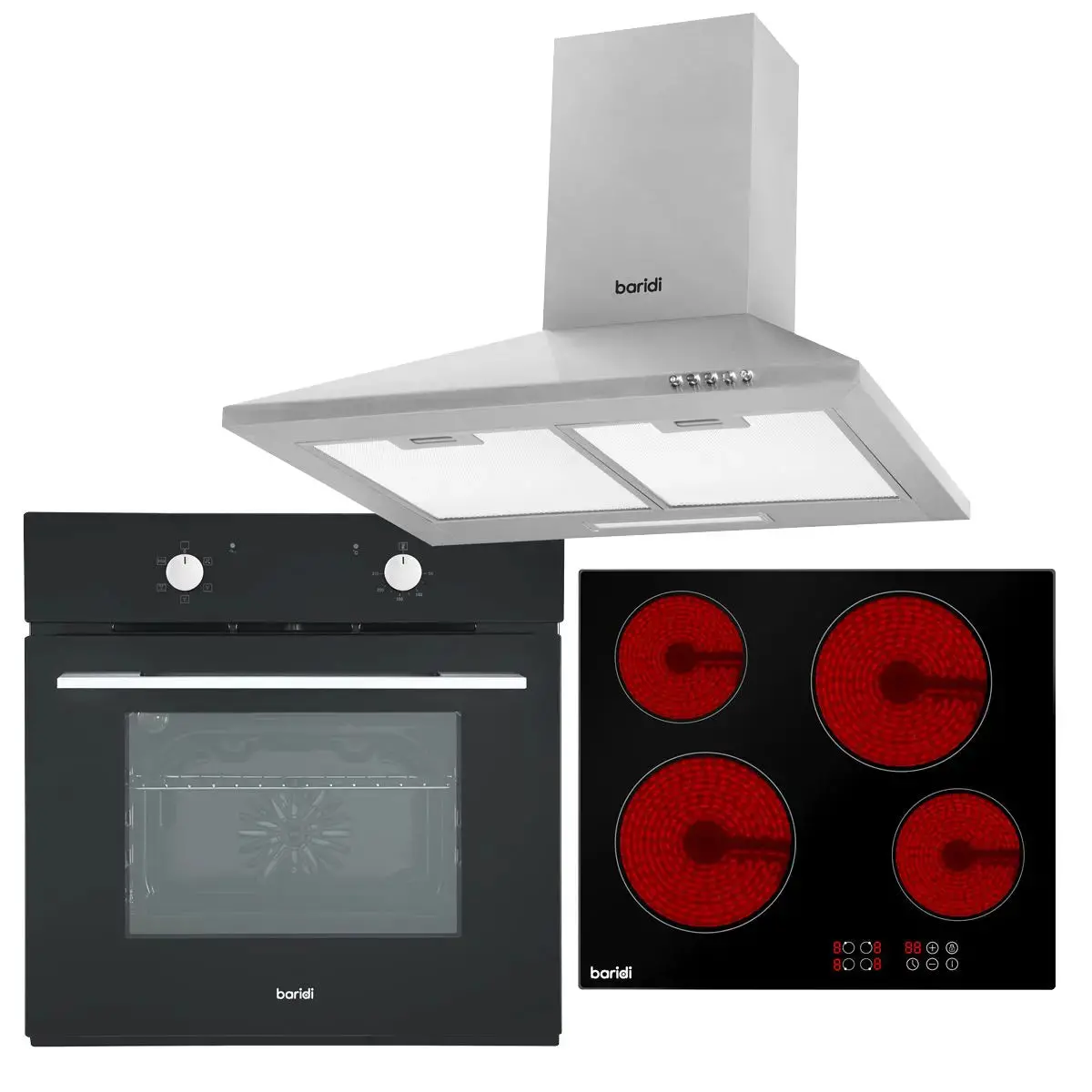Baridi 4 Zone Ceramic Hob, 5-Function Fan-Assisted Oven & Chimney Style Cooker Hood 1