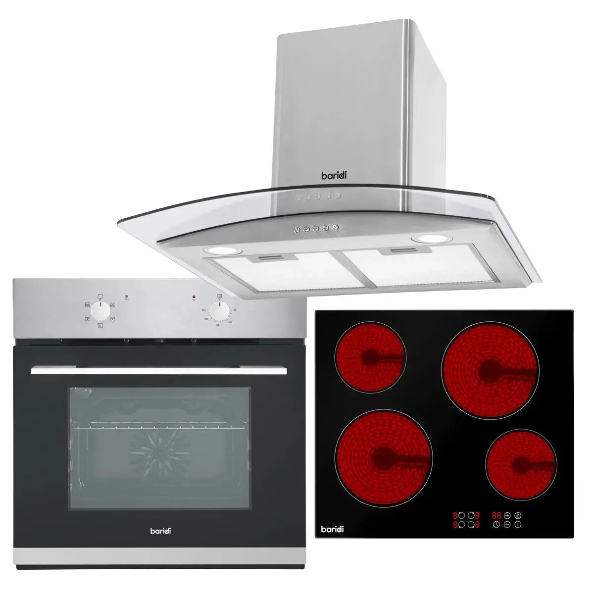 Baridi 4 Zone Ceramic Hob, 5-Function Fan-Assisted Oven & Curved Glass Cooker Hood 1