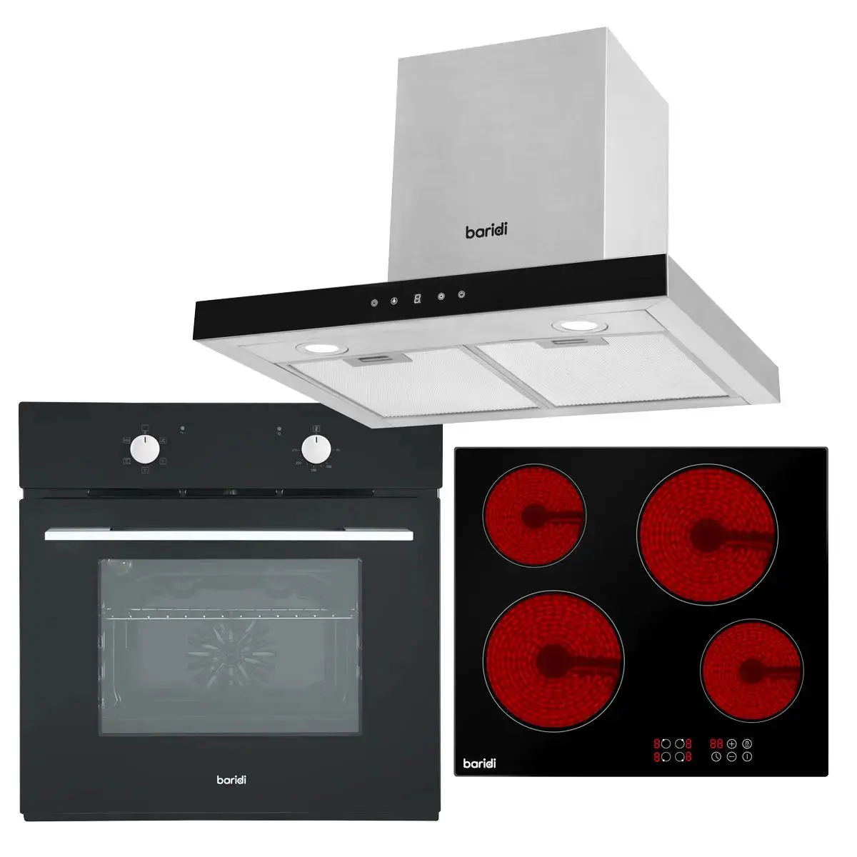 Baridi 4 Zone Ceramic Hob, 5-Function Fan-Assisted Oven & T-Shape Linear Cooker Hood 1