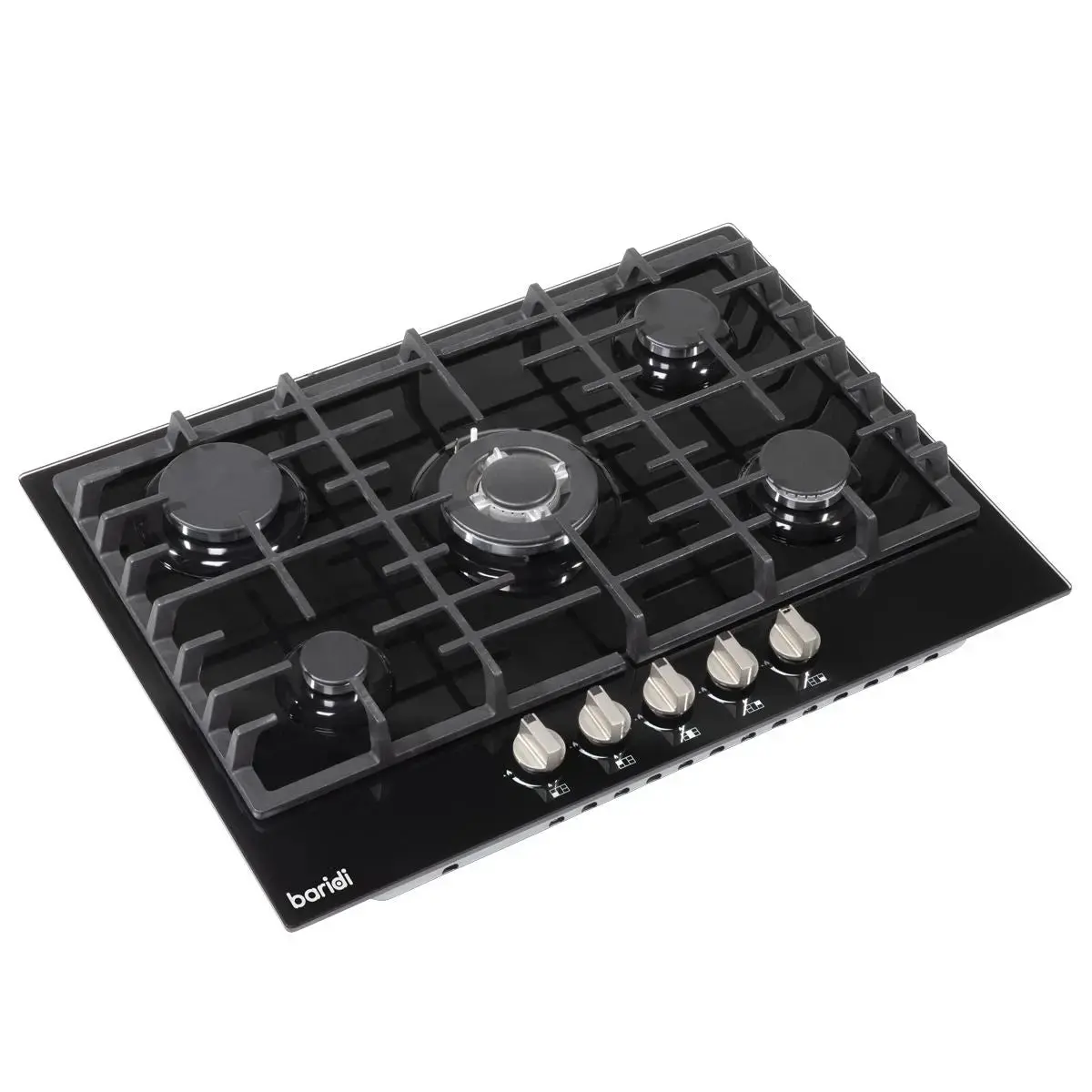 Baridi 70Cm Gas On Glass Hob, 5 Burner And Cast Iron Pan Supports, Black Glass 1