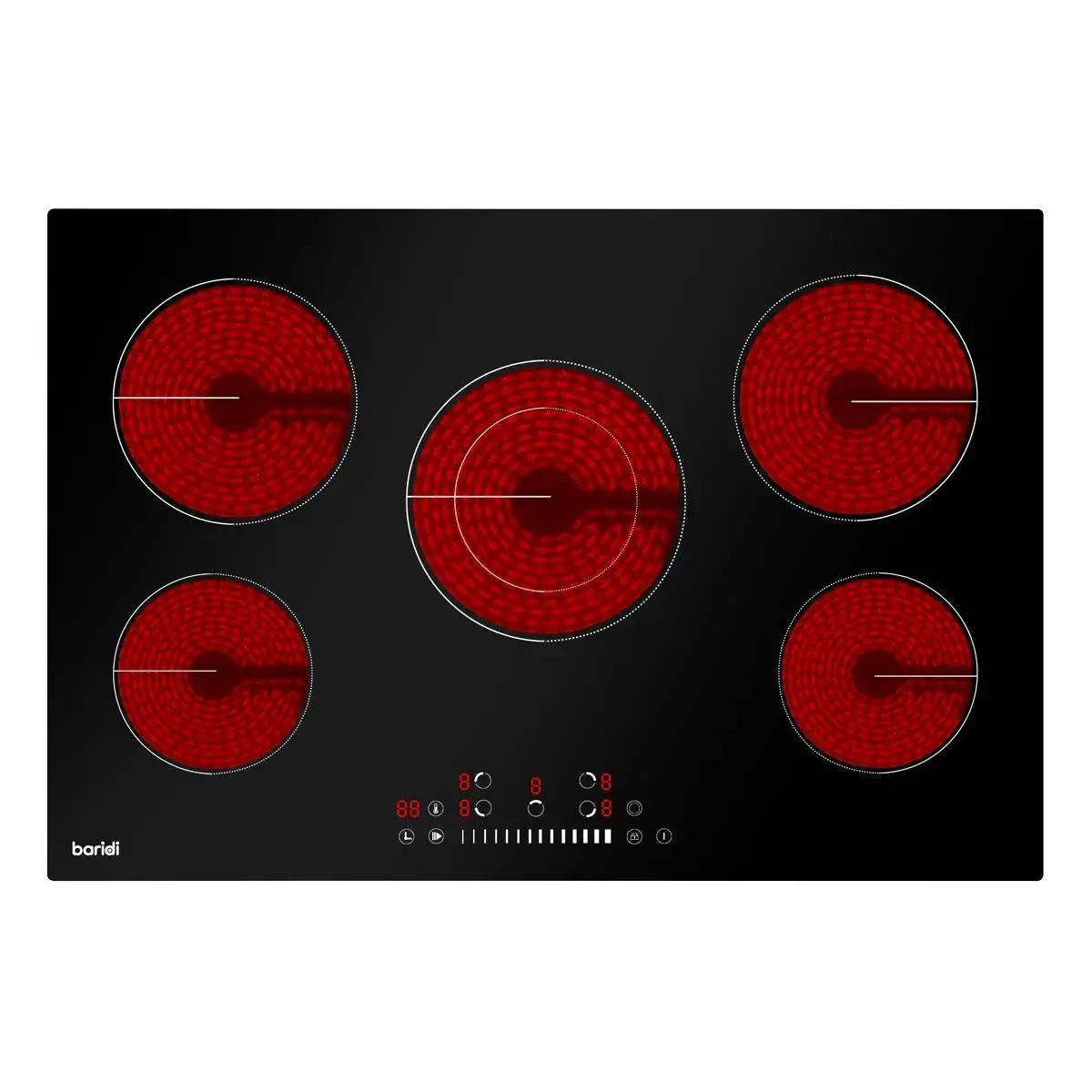 Baridi 77Cm Built-In Ceramic Hob With 5 Cooking Zones, Black Glass, 8200W With Slider Touch Controls, Timer 1