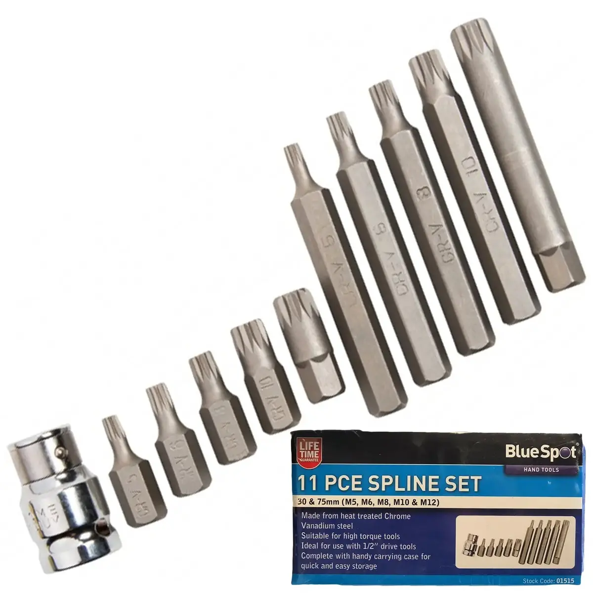 Bluespot 11 Piece Spline Driver Bit Set M5-M12 1/2" Drive Adaptor 1