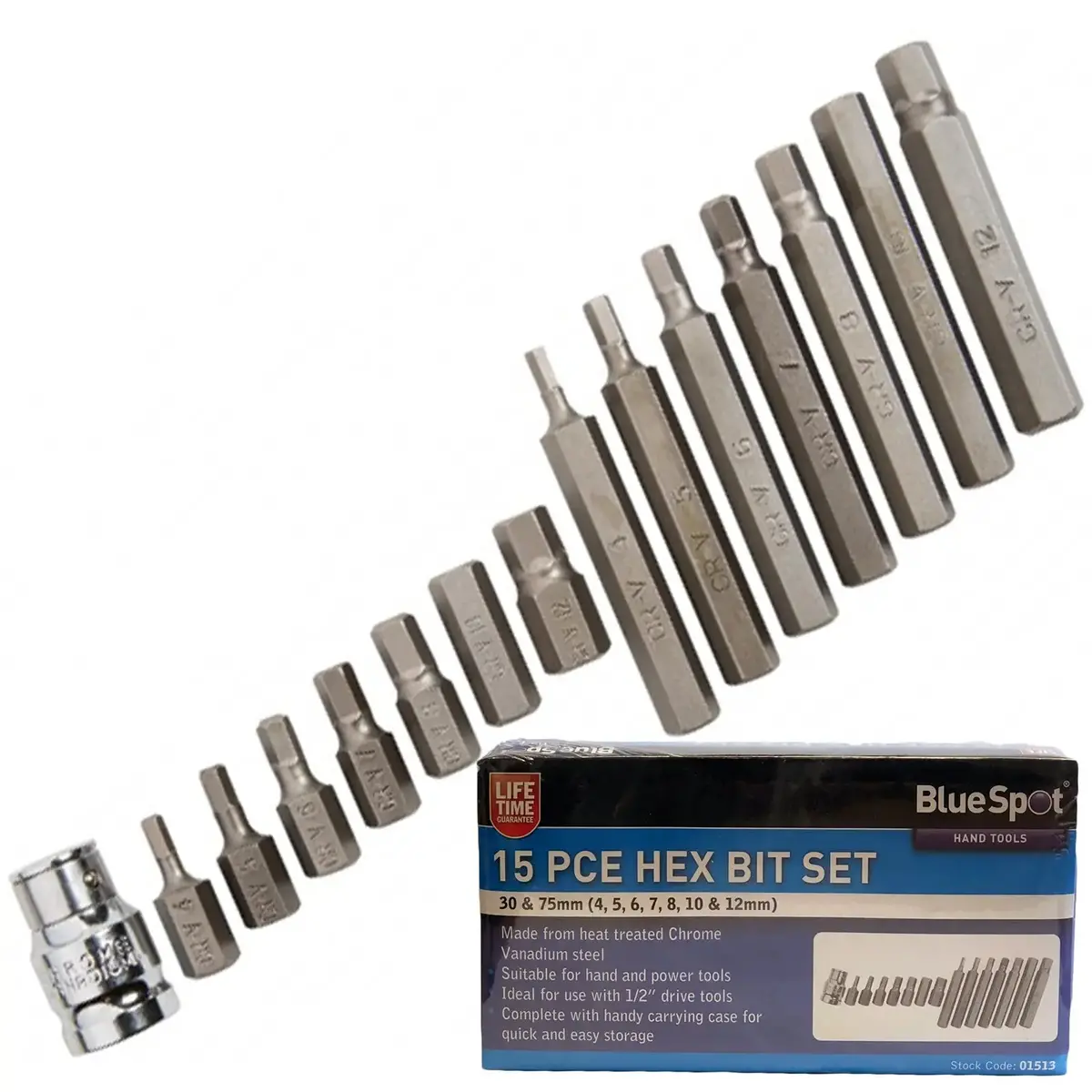 Bluespot 15 Piece Hex Driver Bit Set 4-12Mm 1/2" Drive Adaptor 1