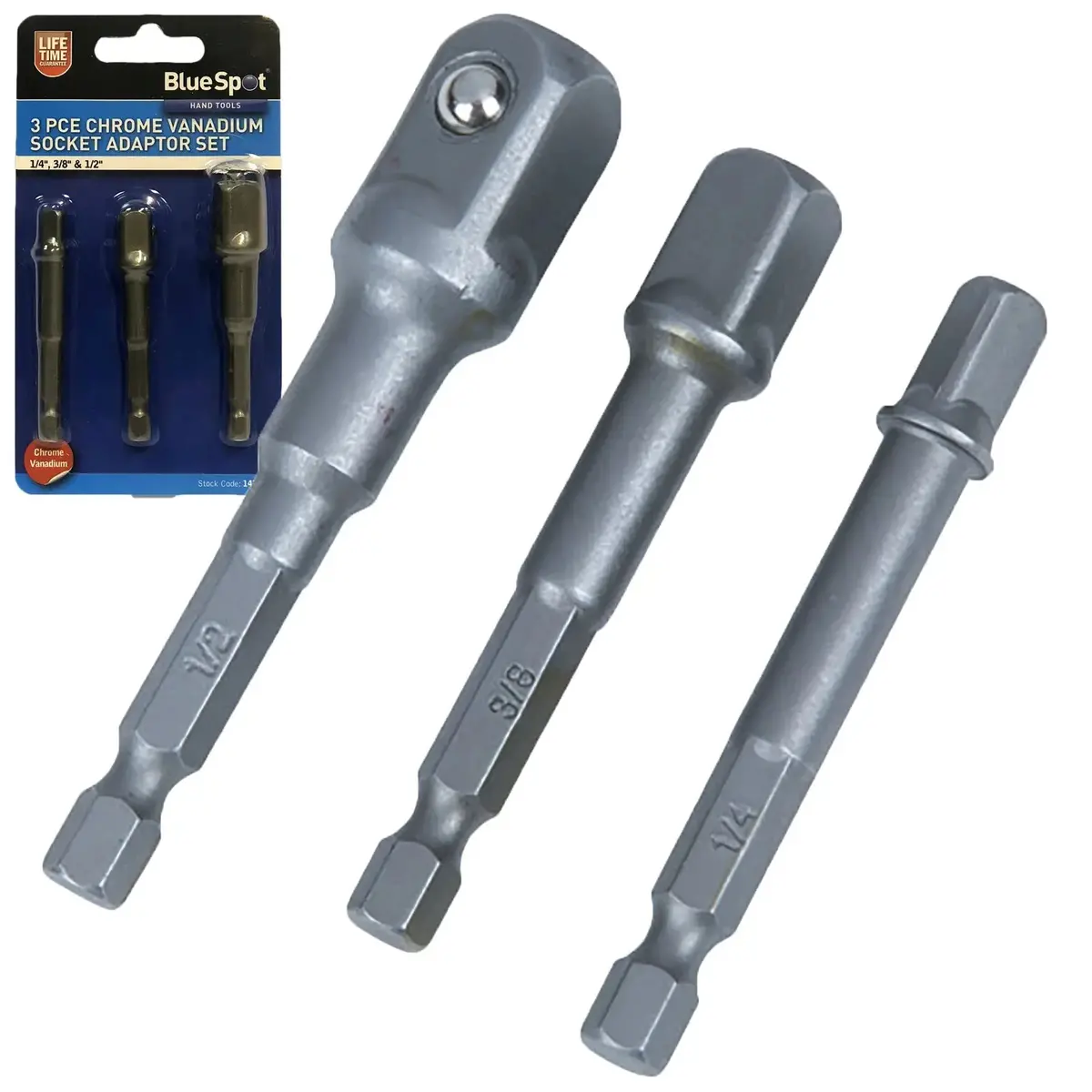 Bluespot 3 Piece 1/4" Hex Socket Adaptor Set 1/4" 3/8" 1/2" Drive 1