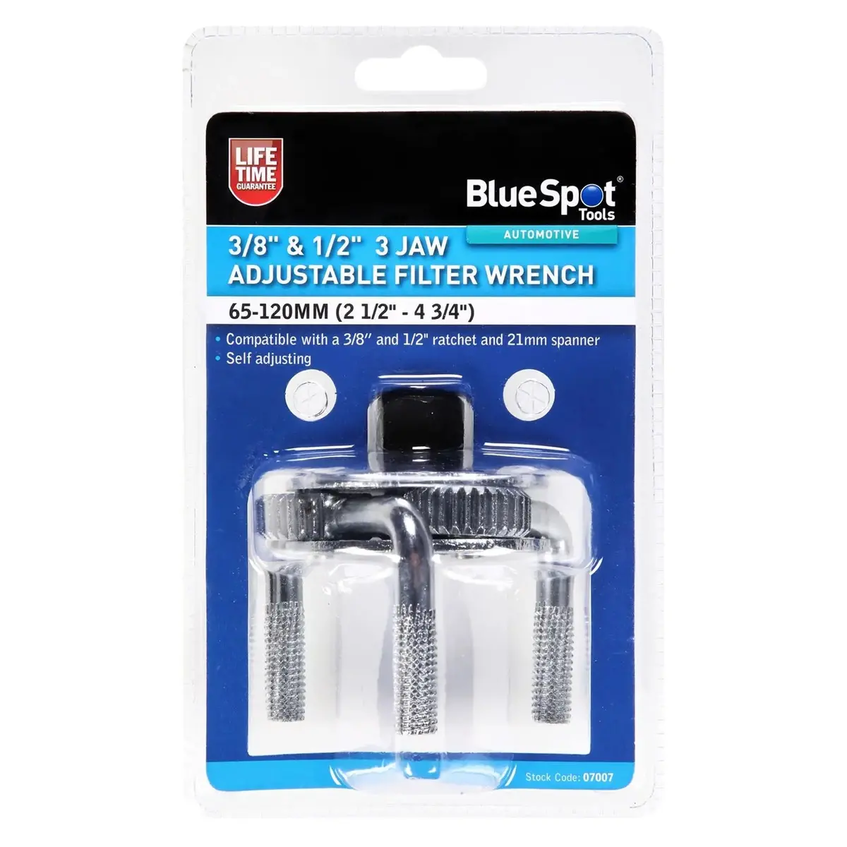Bluespot Adjustable Filter Wrench 3 Jaw Adjustable 3/8" 1/2" 65-120Mm 1