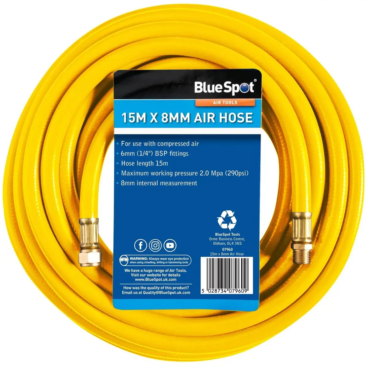 Bluespot Air Hose 15M X 8Mm With 1/4" Bsp Fittings Reinforced Rubber 1