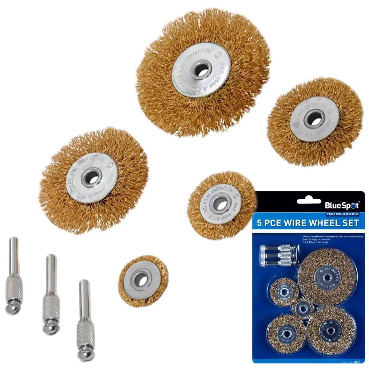 Bluespot Brass Wire Wheel Set 5 Piece 1/4" Shank Madrels 1