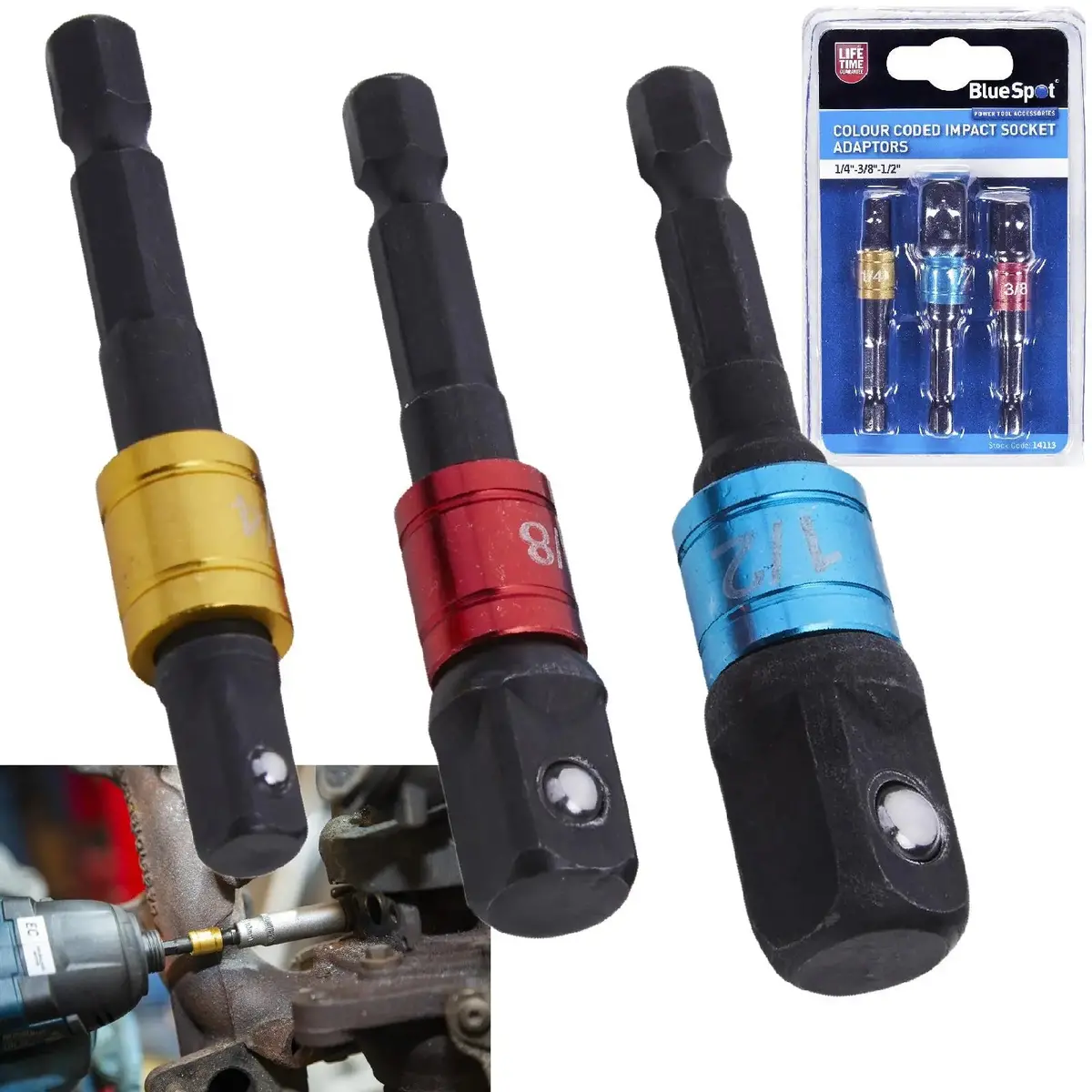 Bluespot Colour Coded Impact Socket Adaptors (1/4"-3/8"-1/2") 1