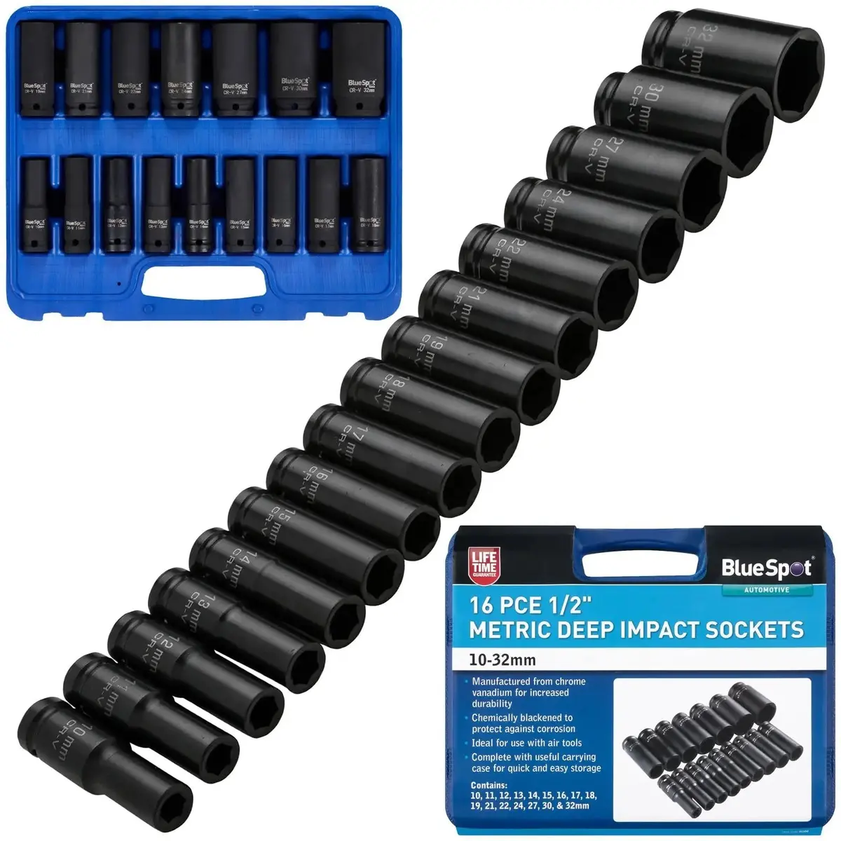 Bluespot Deep Impact Socket Set 1/2" Drive Metric 10-32Mm 16 Pieces 1