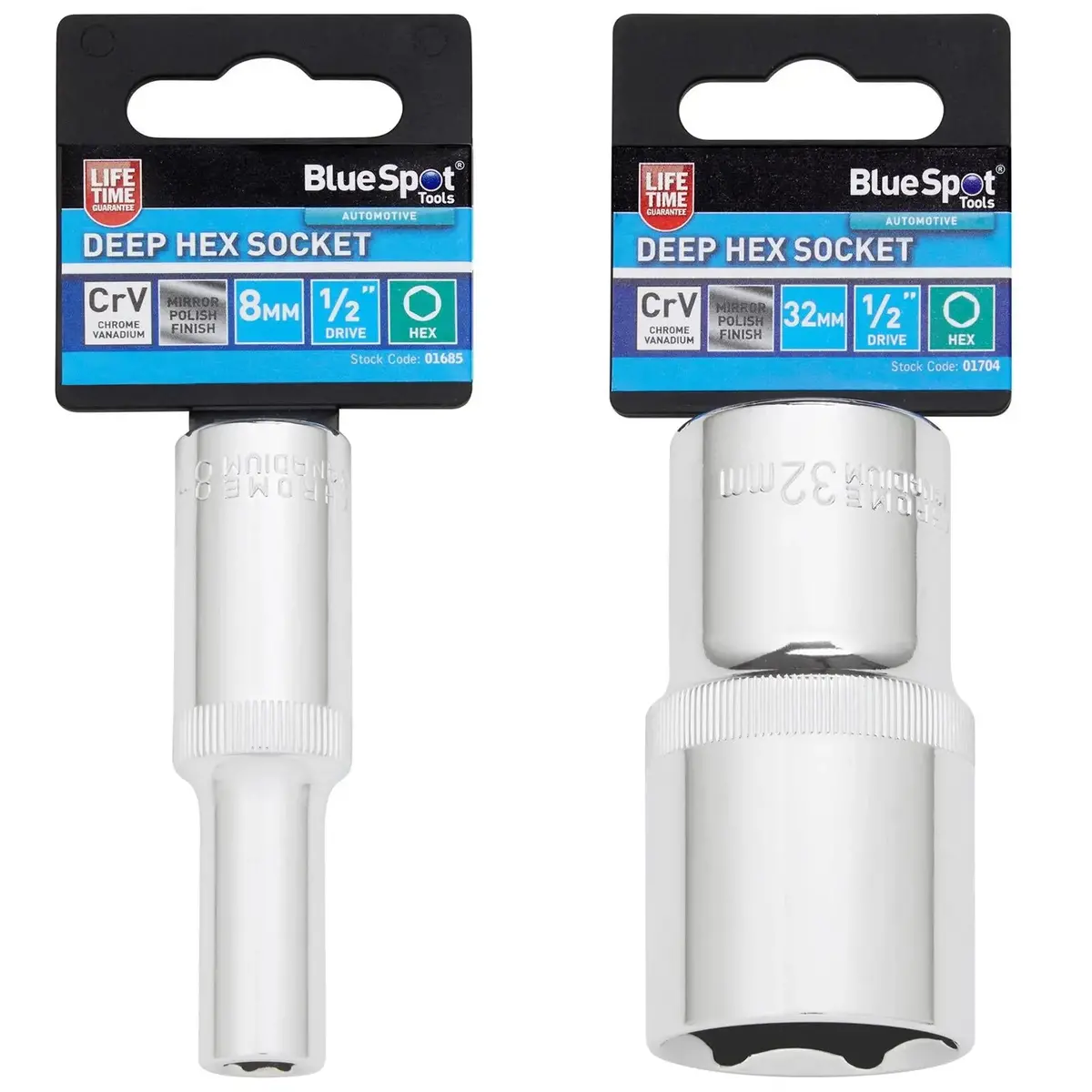 Bluespot Deep Socket 1/2" Drive 6 Point Hex Chrome Individual 8-32Mm - Choose Size 1