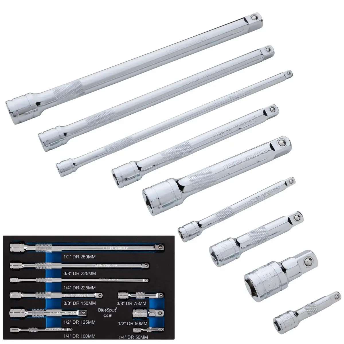 Bluespot Extension Bar Set 1/4" 3/8" 1/2" Drive Mixed 9 Piece In Eva Foam 1