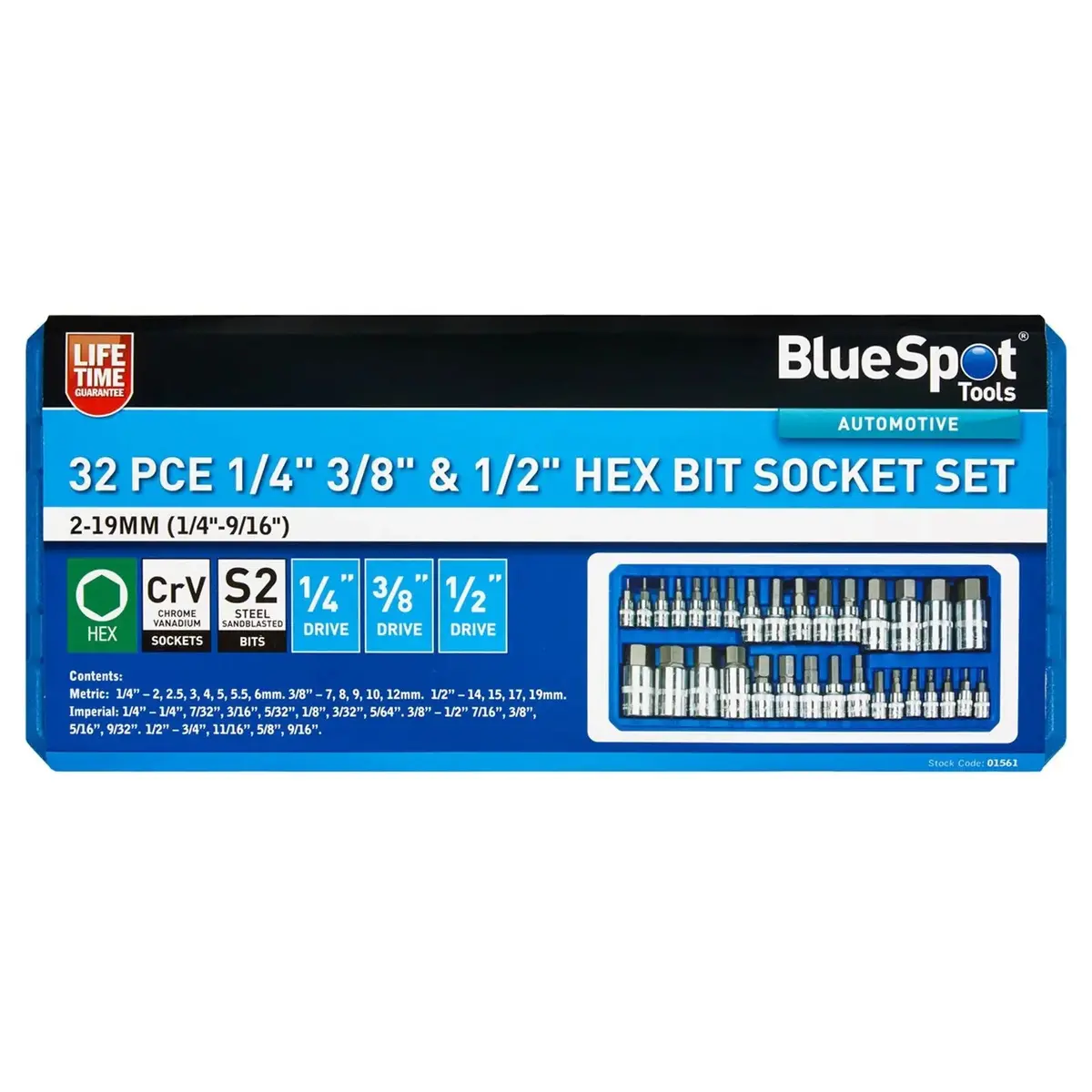 Bluespot Hex Bit Socket Set 32 Piece 1/4" 3/8" 1/2" Drive Metric And Imperial 1