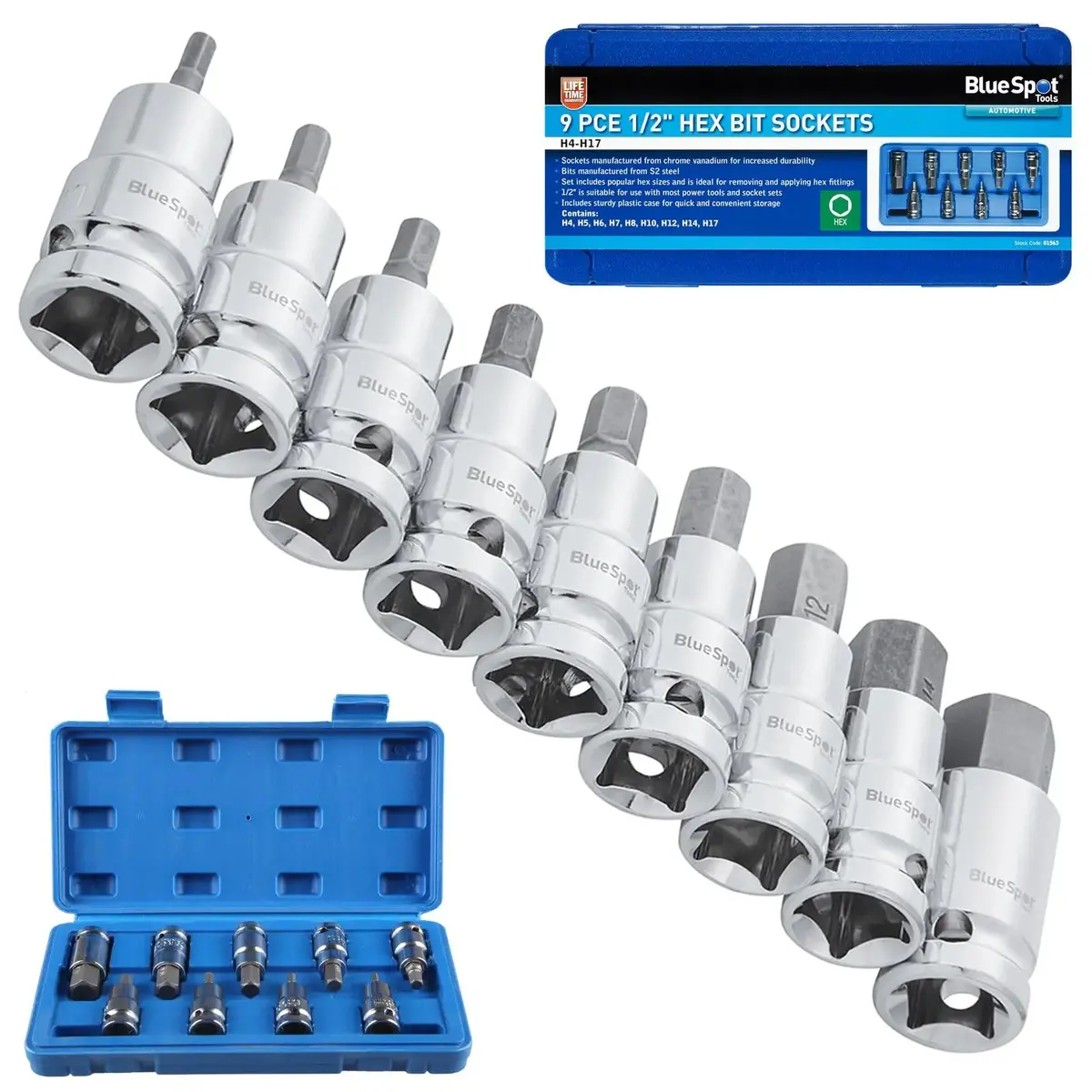 Bluespot Hex Bit Socket Set 9 Piece 1/2" Drive 4-17Mm S2 Steel 1