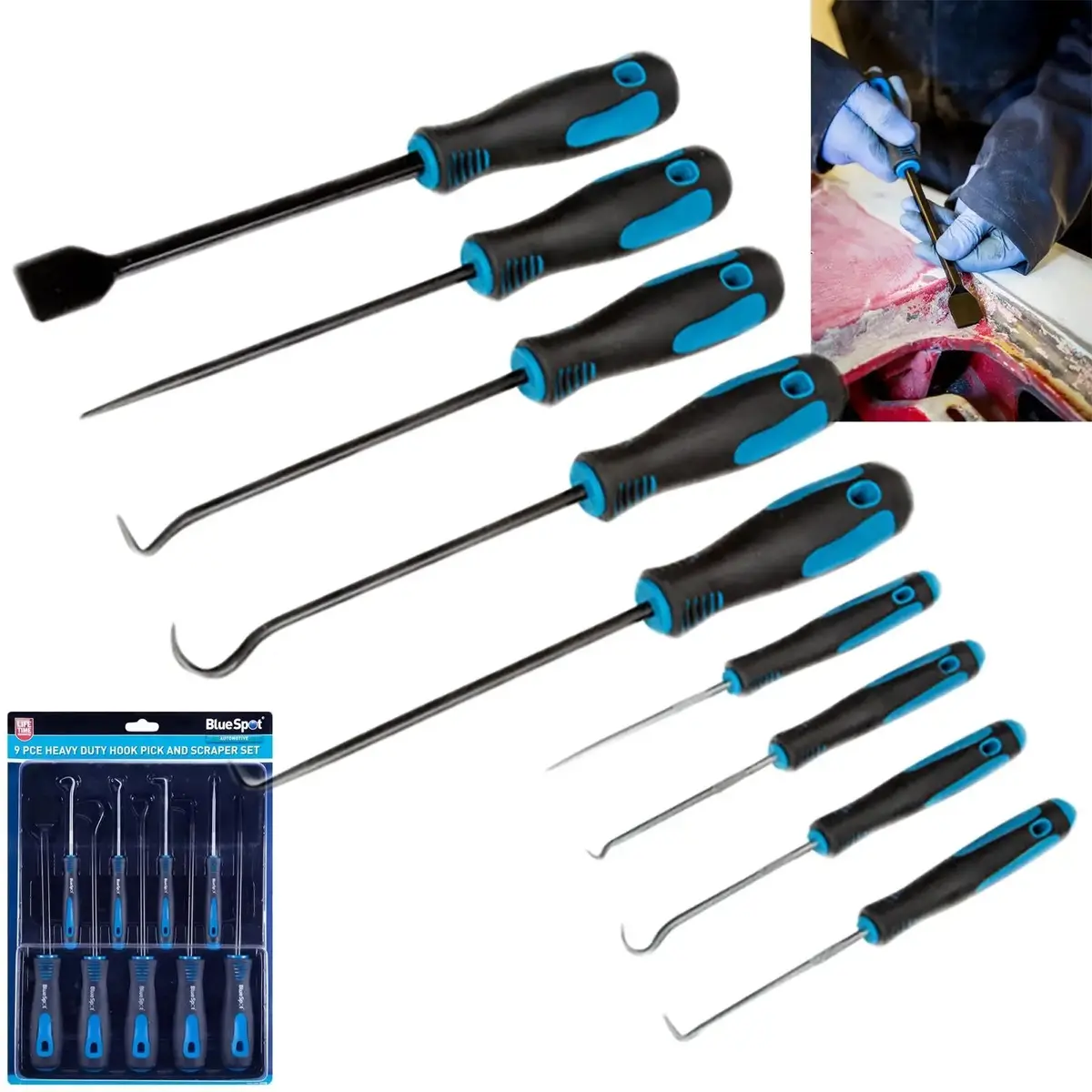 Bluespot Hook Pick And Scraper Set Heavy Duty 9 Piece Soft Grip Handles 1