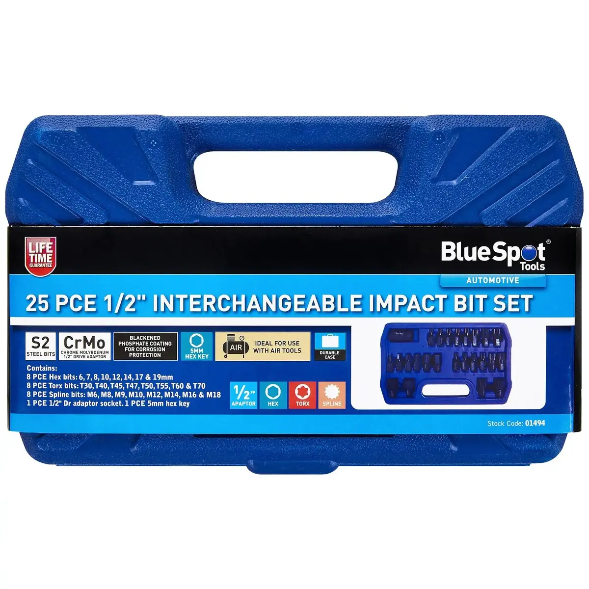 Bluespot Impact Bit Set 1/2" Drive Hex 6-19Mm Torx T30-T70 Spline M6-M18 25 Piece 1