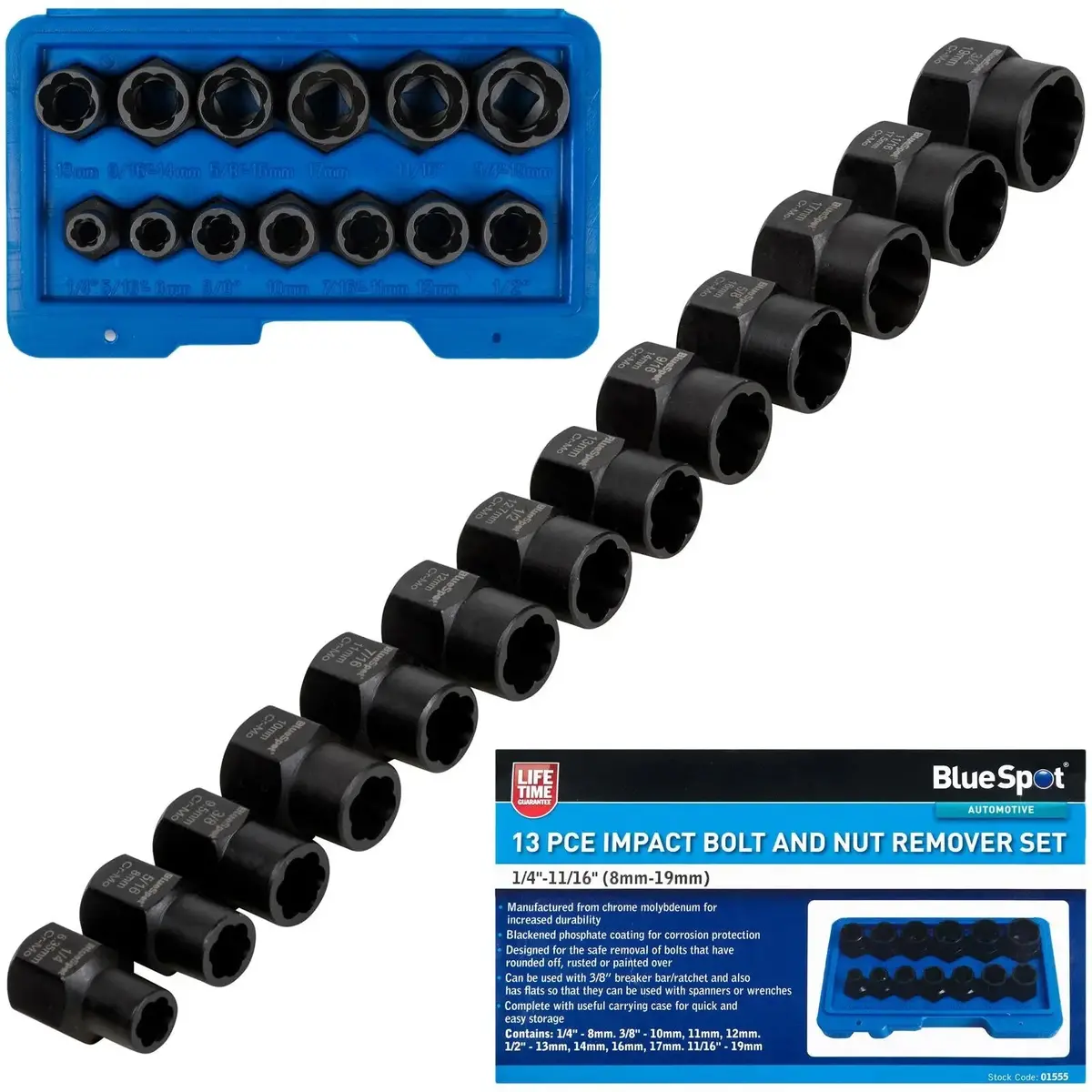 Bluespot Impact Bolt And Nut Remover Set 13 Piece 8-19Mm 1/4"-11/16 1