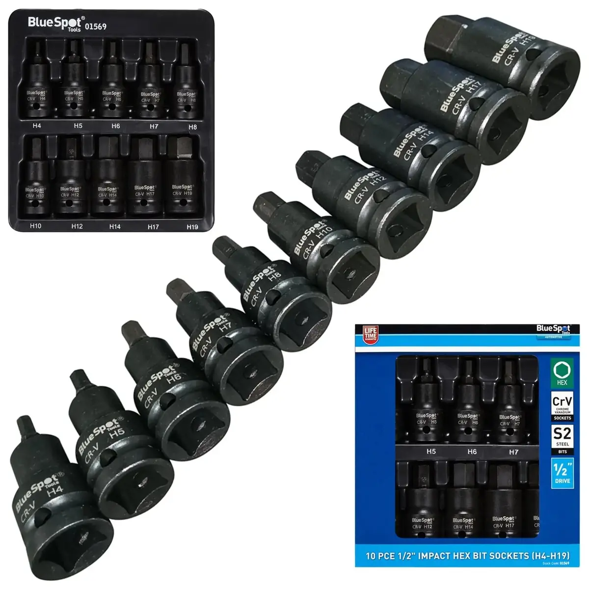 Bluespot Impact Hex Bit Sockets 1/2" 10 Piece H4-H19 1