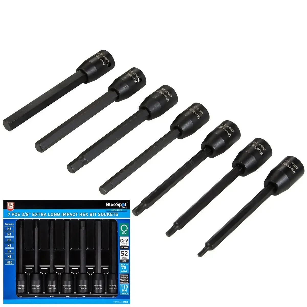 Bluespot Impact Hex Socket Set Extra Long 110Mm 3/8" Drive 3-10Mm 7 Piece 1