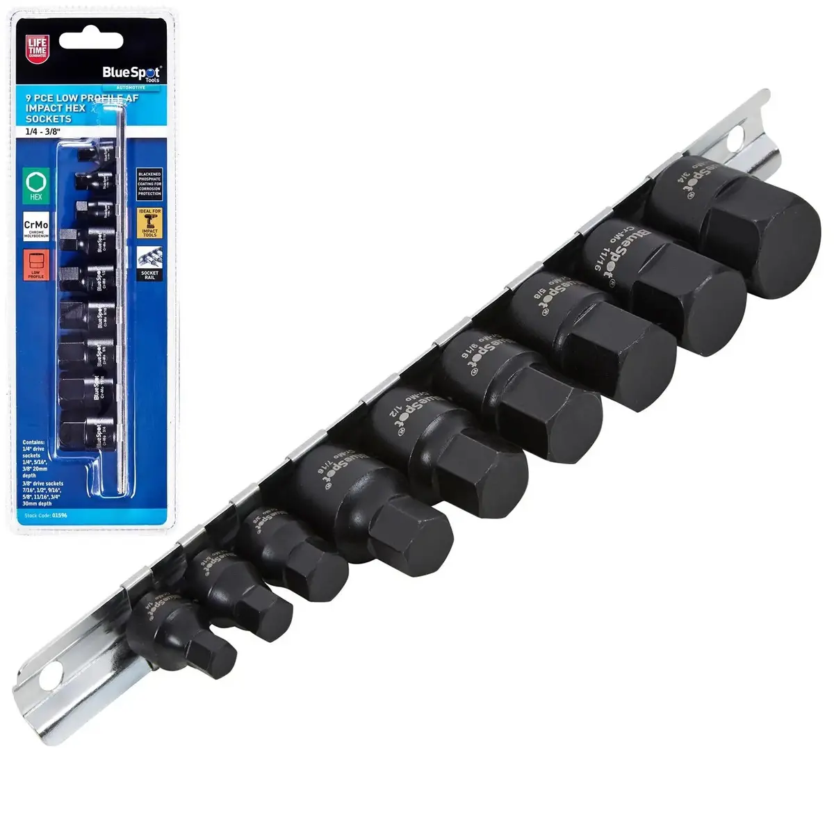 Bluespot Impact Hex Socket Set Imperial Af Low Profile On Socket Rail 9 Pieces 1/4" 3/8" Drive 1