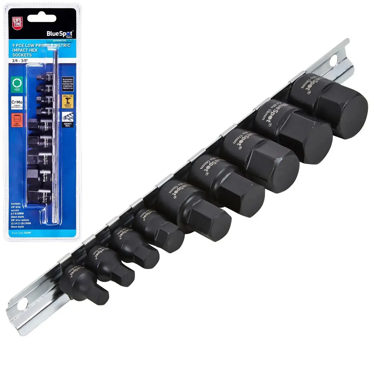 Bluespot Impact Hex Socket Set Metric Low Profile On Socket Rail 9 Pieces 1/4" 3/8" Drive 1
