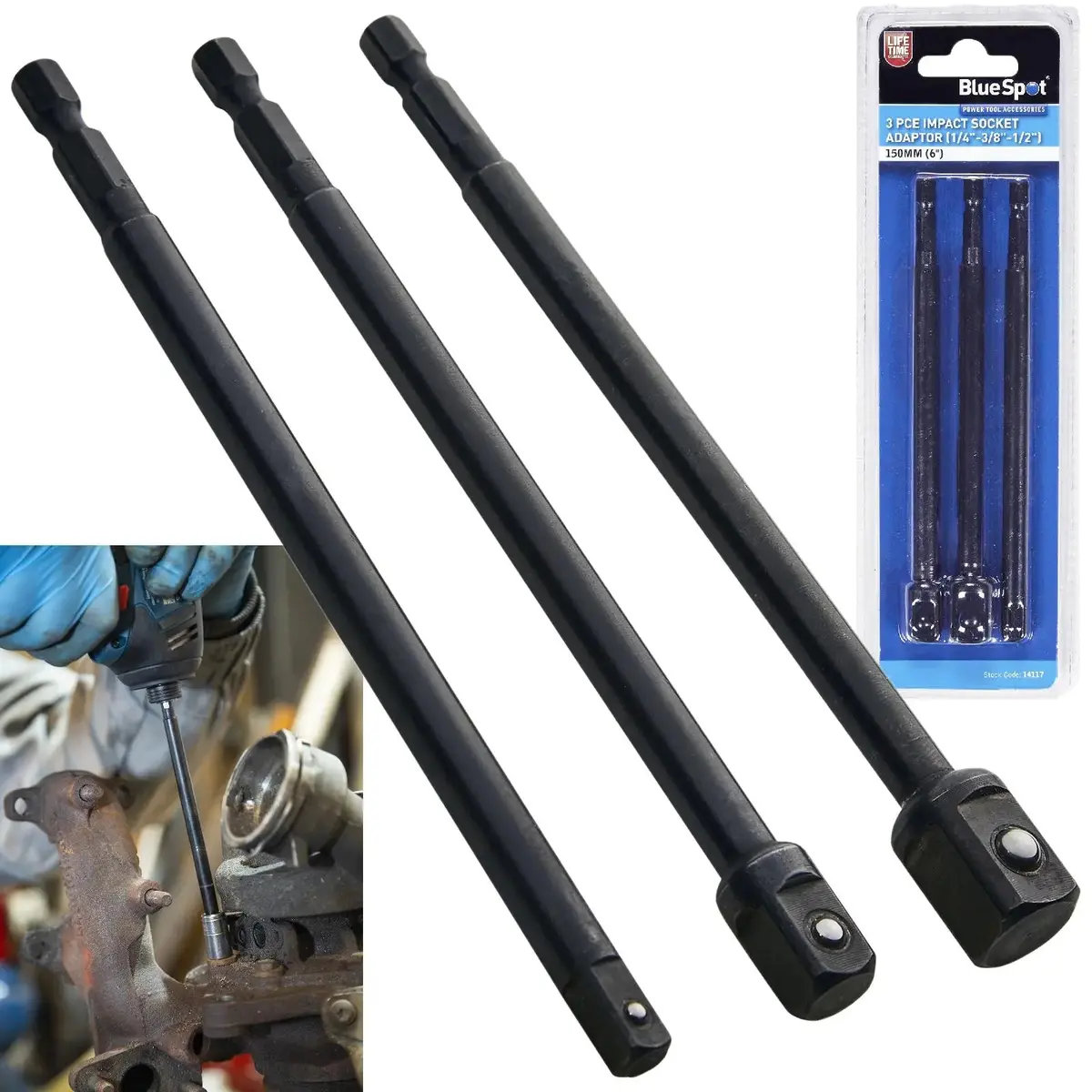 Bluespot Impact Socket Adaptor Set 150Mm 1/4" 3/8" 1/2" Drive 3 Piece 1