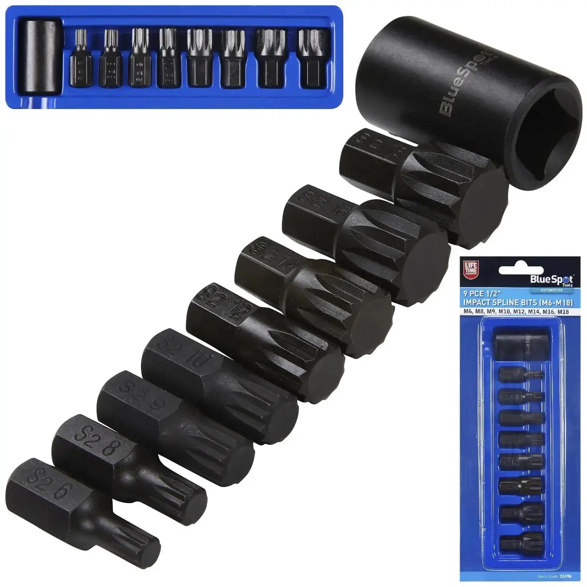 Bluespot Impact Spline Bits Sockets 1/2" Drive M6-M18 9 Piece 1