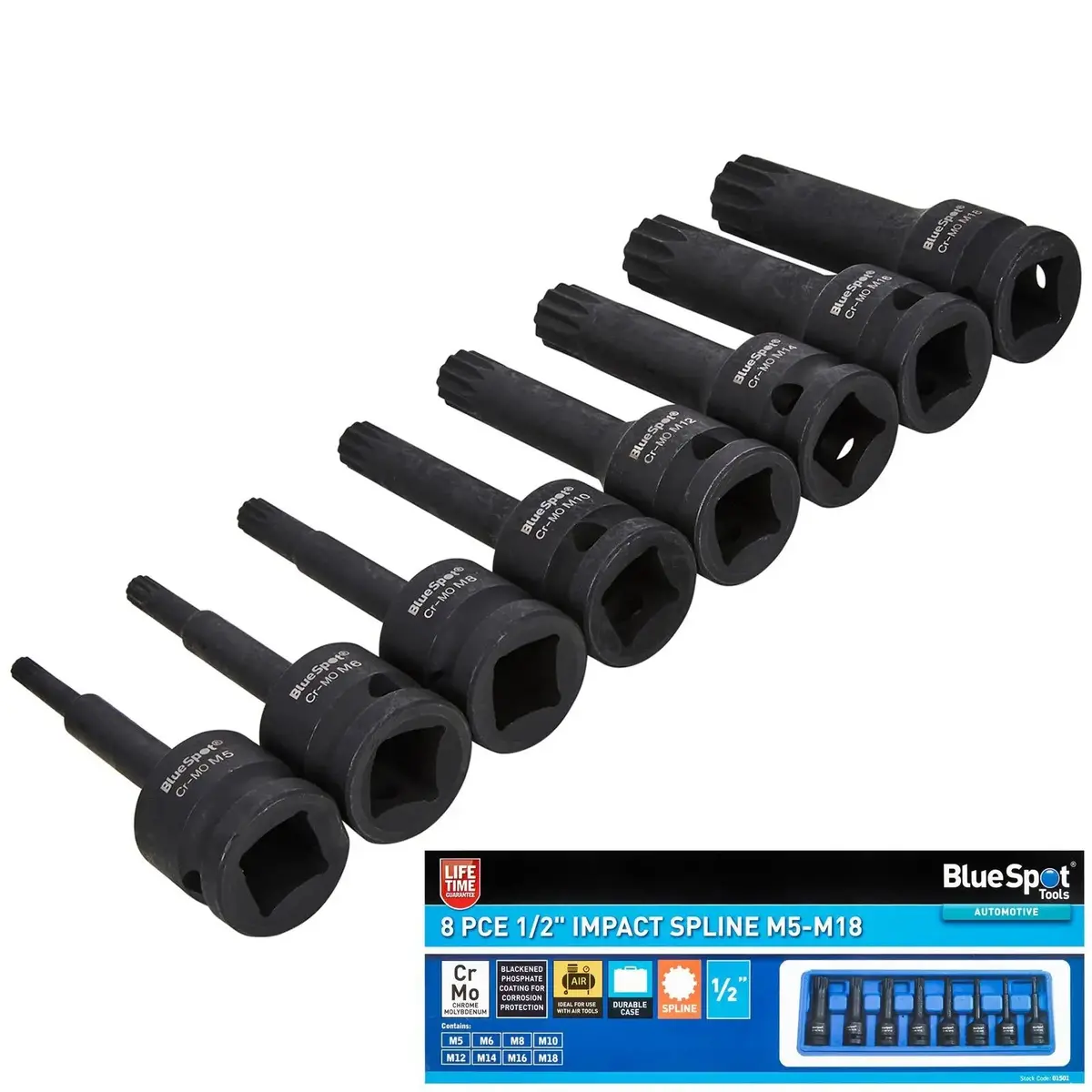 Bluespot Impact Spline Socket Set 1/2" Drive M5-M18 8 Piece 1