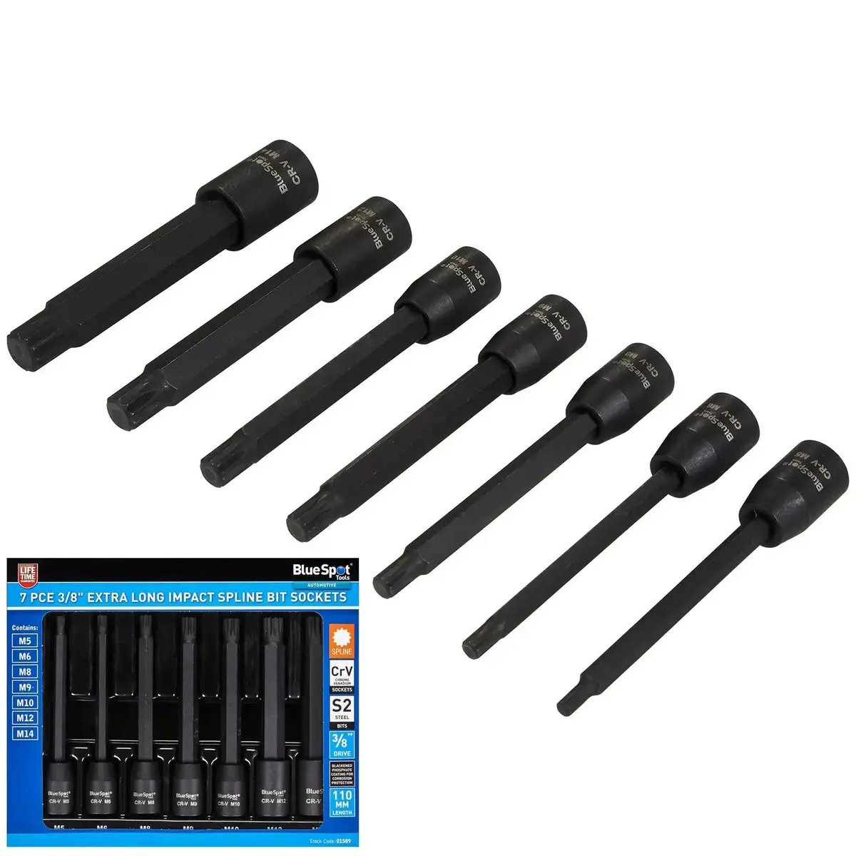 Bluespot Impact Spline Socket Set Extra Long 110Mm 3/8" Drive M5-M14 7 Piece 1