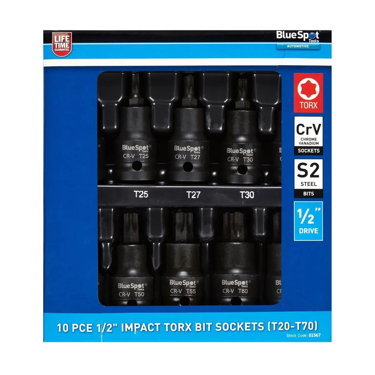 Bluespot Impact Torx Bit Sockets 1/2" 10 Piece T20-T70 1