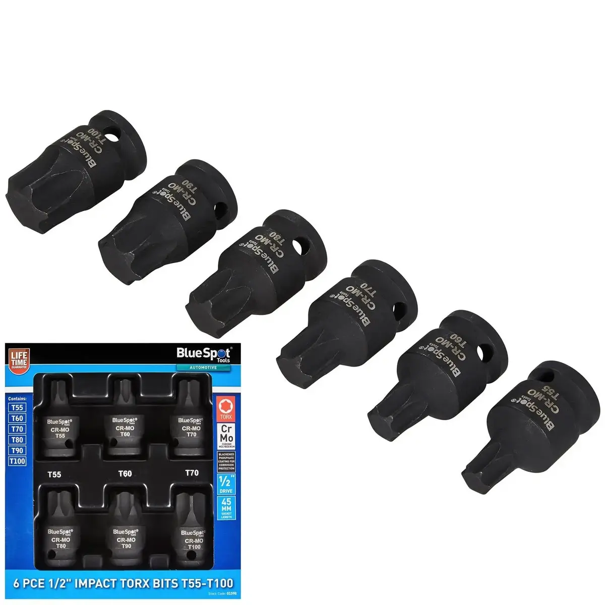 Bluespot Impact Torx Socket Set 1/2" Drive T55-T100 6 Piece 1