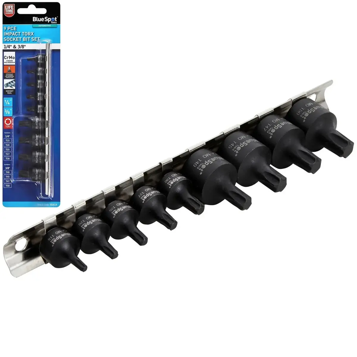 Bluespot Impact Torx Socket Set 1/4" 3/8" Drive T15-T50 9 Piece On Socket Rail 1