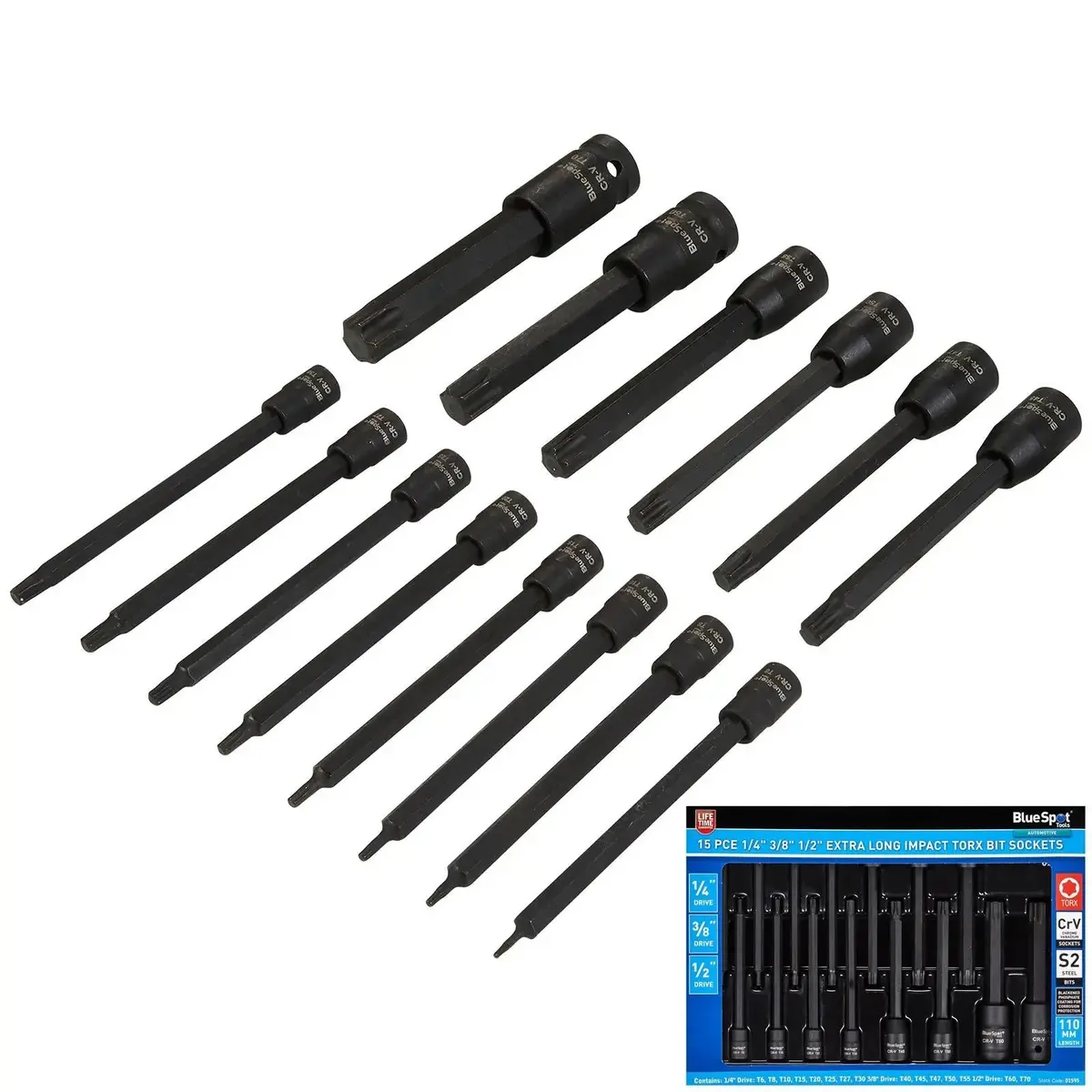 Bluespot Impact Torx Socket Set Extra Long 110Mm 1/4" 3/8" 1/2" Drive T6-T70 15Pc 1