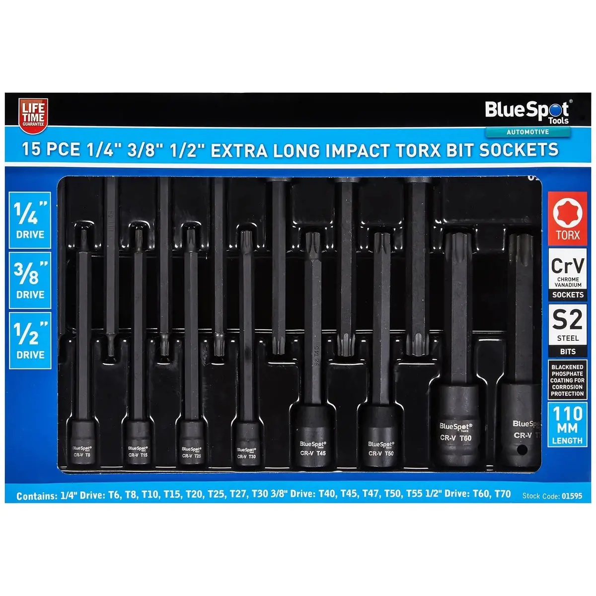 Bluespot Impact Torx Socket Set Extra Long 110Mm 1/4" 3/8" 1/2" Drive T6-T70 15Pc 2