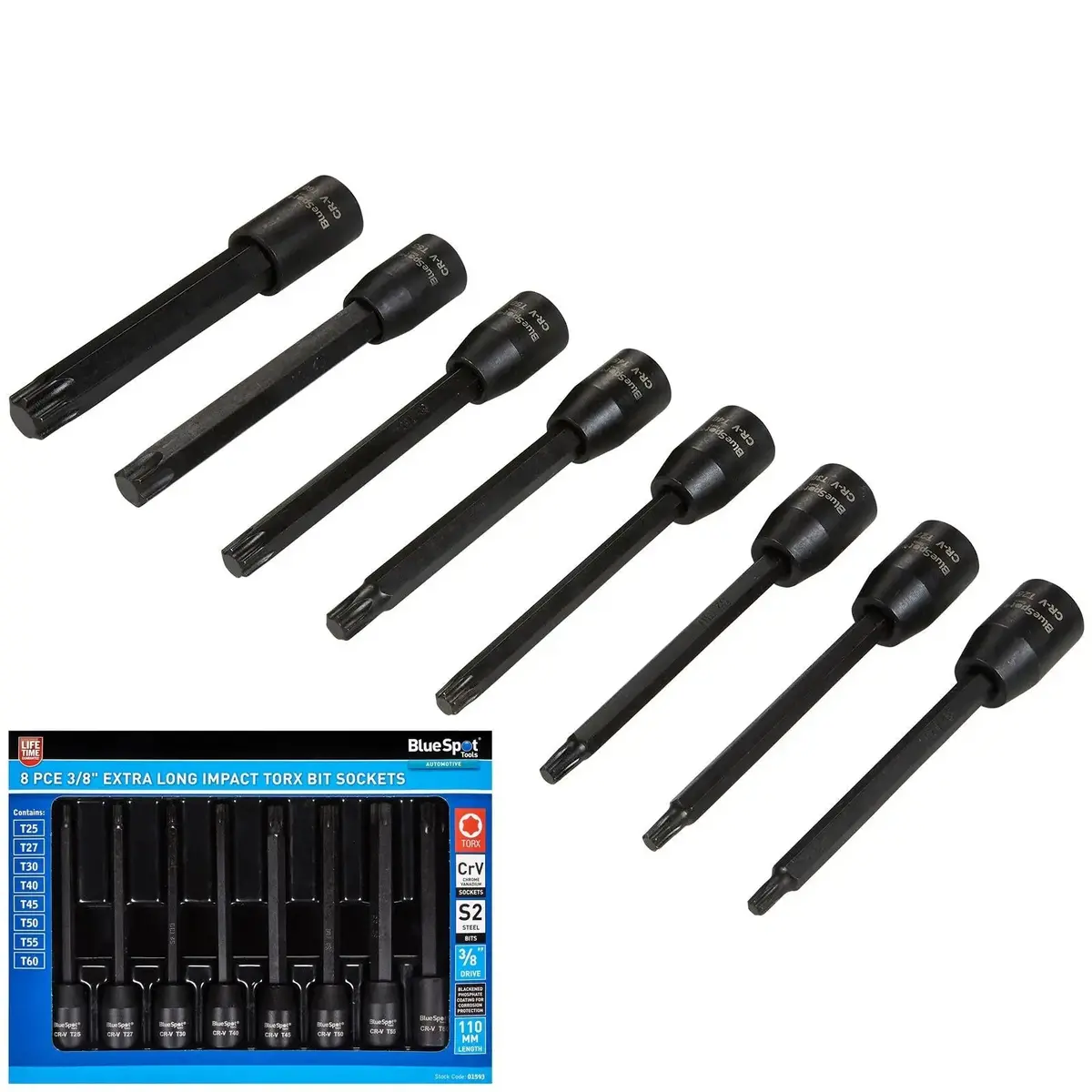 Bluespot Impact Torx Socket Set Extra Long 110Mm 3/8" Drive T25-T60 8 Piece 1