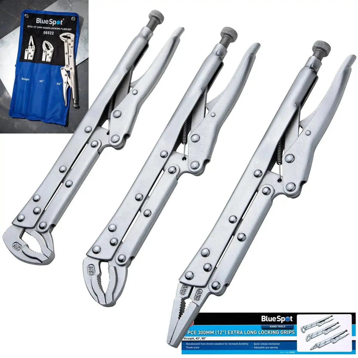 Bluespot Locking Plier Grips Extra Long 3 Piece 300Mm (12") 1