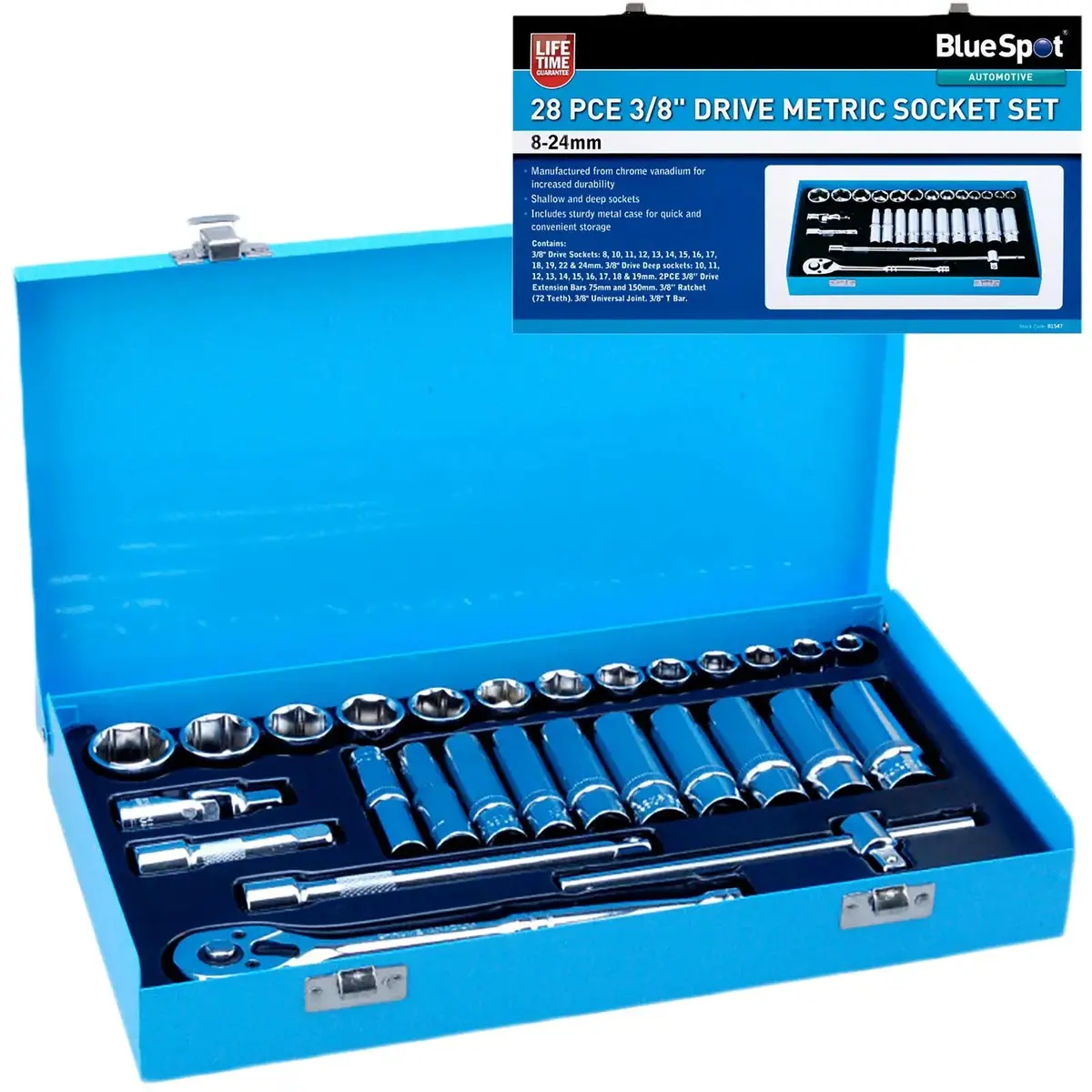 Bluespot Metric Socket Set 3/8" Drive 28 Piece 8-24Mm Metal Storage Case 1